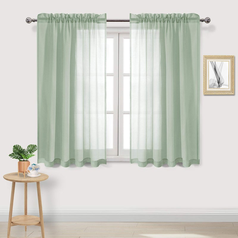 DWCN Bean Green Sheer Curtains Semi Transparent Voile Rod Pocket Curtains for Bedroom and Living Room, 52 x 54 inches Long, Set of 2 Panels - Image 1